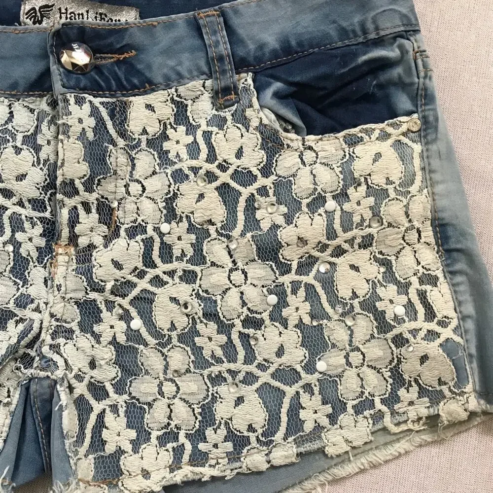 Bling Short Shorts Chambray Embellished Lace Distressed  Denim - Picture 3 of 9